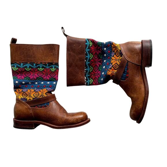 Colorful Huipil and Brown Leather Round Toe Engineer Buckle Boots EU 37 US 6 6.5 - Picture 2 of 7